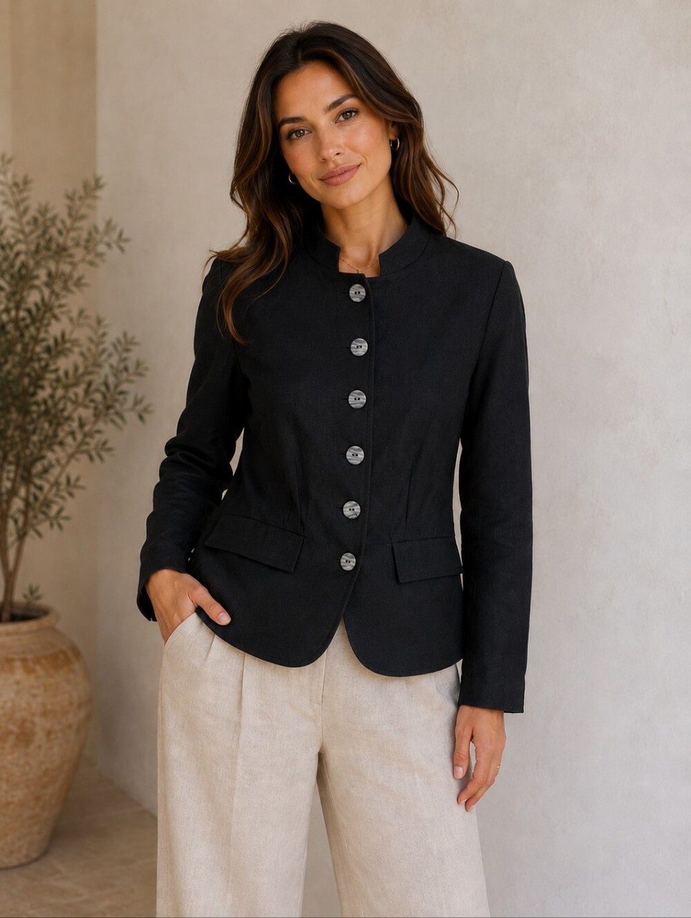 Chadwicks Deep Black Linen/Cotton 6 Button-Front BlazerJacket Sz 16 Classic